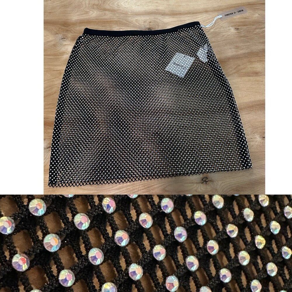NWT Forever 21 Med Rhinestone embellished mesh mini skirt Swimsuit Cover Up